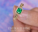 Zambia Emerald Halo Diamond 18K Gold Cuba Chain Ring