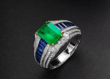 Art Deco 2.45ct Emerald & Sapphire Unisex Ring in 18K White Gold