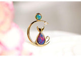 Cat and Moon Opal Pendant in 18K Yellow Gold