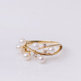 Six Akoya Pearl Cluster 18K Gold Ring with Diamond