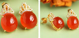 Southern Red Agate Crown Diamonds Earrings in 18K Yellow Gold
