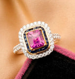 1.52ct Purple Blue Sapphire 18K Gold Ring with Double Halo Diamonds