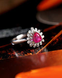 Pear Ruby & Diamonds Double Ring in 18K White Gold