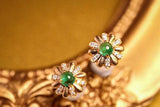 Daisy Emerald Cabochon Cut & Diamond Studs in 18K Yellow Gold