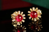 Daisy Desgin Ruby Cabochon Cut Earrings in 18K Gold