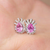Pink Sapphire Pear Cluster Diamond Studs Earrings in 18K White Gold