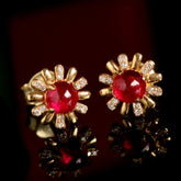 Daisy Desgin Ruby Cabochon Cut Earrings in 18K Gold