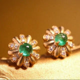 Daisy Emerald Cabochon Cut & Diamond Studs in 18K Yellow Gold
