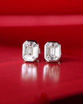 Rectangle White Sapphire Emerald Cut Studs - 18K White Gold