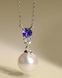 Blue Tanzanite & 8mm Akoya Pearl Necklace in 18K White Gold