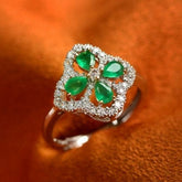 Emerald Cluster Four Leaf Clover Ring in 18k White Gold