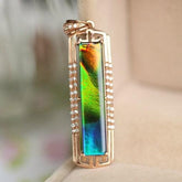 25x5mm Ammolite & Halo Diamond Pendant in 18K Yellow Gold