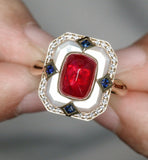 Victoria Sugarloaf Ruby 18K Gold Ring with Sapphire & Diamonds