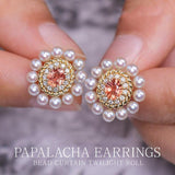 Sunset Color Sapphire 18K Studs Earrings with Halo Baby Pearls