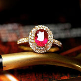 1.25ct Pigeon Blood Ruby Double Halo Ring in 18K Gold