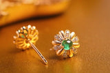 Daisy Emerald Cabochon Cut & Diamond Studs in 18K Yellow Gold
