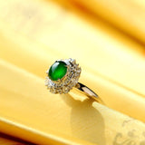 Art Deco Green Jade and Full Diamond Pave Ring in 18K White Gold