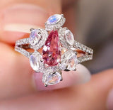 Pink Sapphire Teardrop & Moonstone Cluster Ring - 18K White Gold