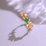Emerald & Seawater Pearl Ring in 18K Yellow Gold