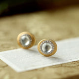 White Jade & Diamond Stud Earrings with Brush Finish in 18K Gold