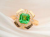 Tsavorite Asscher Cut & Diamond Ring in 18K Yellow Gold