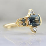 Emerald Cut Teal Spinel & Diamond 18K Gold Ring - Horizontal Stone