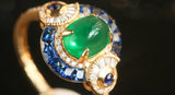 1.7ct Emerald Cabochon & Sapphire Art Deco Ring in 18K Yellow Gold