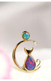 Cat and Moon Opal Pendant in 18K Yellow Gold