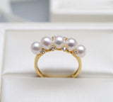 Five Akoya Baby Pearl & Diamond Ring in 18K Yellow Gold