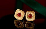 Cabochon Ruby 18K Yellow Gold Engraved Earring