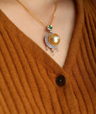 12mm Golden South Sea Pearl & Emerald Necklcae in 18K Yellow Gold