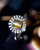 1ct Chrysoberyl Cat’s Eye Cabochon Ring with Diamond Halo in 18K Gold