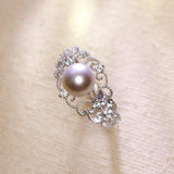 High Luminous Akoya Pearl Ring with Diamonds in 18K White Gold