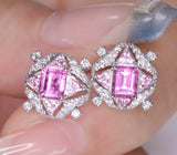Sparkly Pink Sapphire Platinum 950 Earrings with Cluster Diamonds