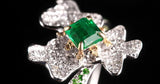 Flower Shape Emerald & Full Diamond Pave Ring in 18K White Gold