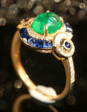1.7ct Emerald Cabochon & Sapphire Art Deco Ring in 18K Yellow Gold