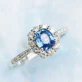 Cushion Blue Sapphire & Halo Diamond Ring in 18K White Gold