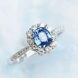 Cushion Blue Sapphire & Halo Diamond Ring in 18K White Gold
