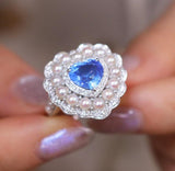 1.01ct Blue Sapphire Heart Cut Statement 18K Gold Ring with Diamonds