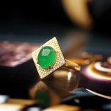5A+ Jade Cabochon & Full Diamond Pave 18K Yellow Gold Ring