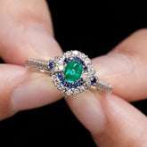 Cabochon Emerald & Sapphire Diamond Ring in 18K White Gold