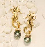 Hippocampus Design Tahitian Pearls Earrings with Diamond in 18K Gold