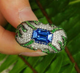 Blue Sapphire & Tsavorite Horizontal Stone Ring - 18K White Gold