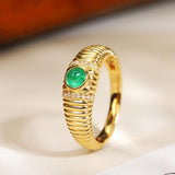 Engraved Cabochon Emerald Ring – Chunky Ribbed 18K Gold Band