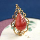 Rhodochrosite 12x17mm & Akoya Baby Pearl Pendant in 18K Yellow Gold