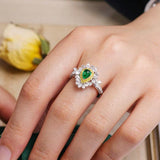 Emerald Cabochon Cut & Double Halo Diamond Ring in 18K White Gold