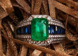 Art Deco 2.45ct Emerald & Sapphire Unisex Ring in 18K White Gold