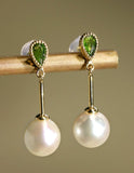 Mint Tourmaline & 7.5mm Akoya Pearl Earrings - 18K Yellow Gold