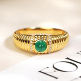 Engraved Cabochon Emerald Ring – Chunky Ribbed 18K Gold Band