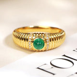 Engraved Cabochon Emerald Ring – Chunky Ribbed 18K Gold Band
